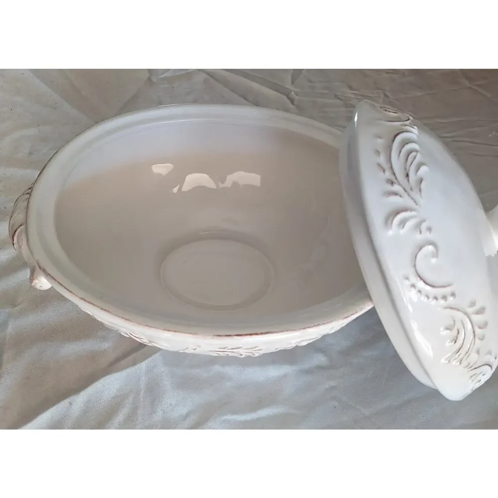 Pier 1 Imports Antique Scroll Oval Covered Vegetable Serving Dish Dolomite 10.25